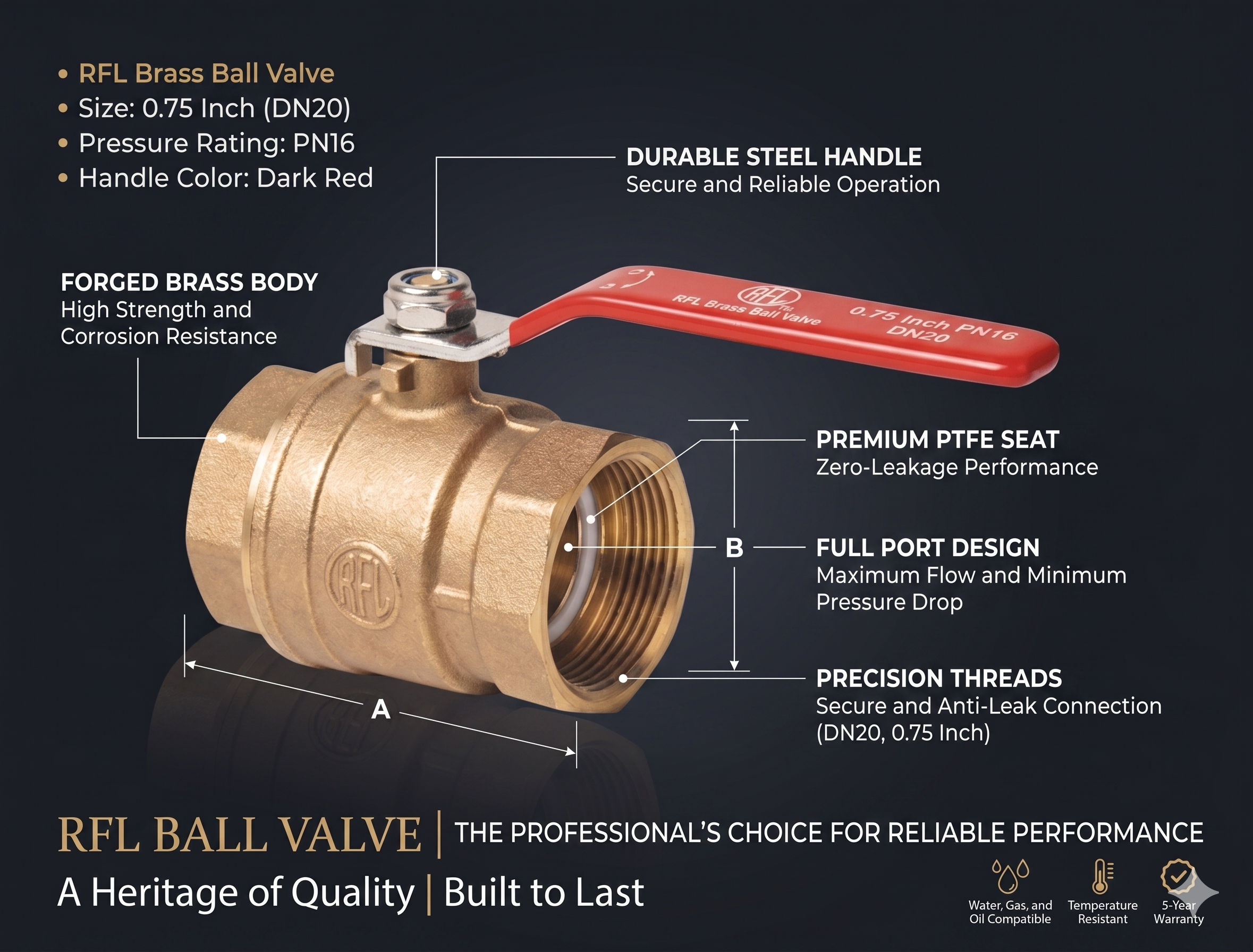 0.75 Inch Ball Valve Brass RFL