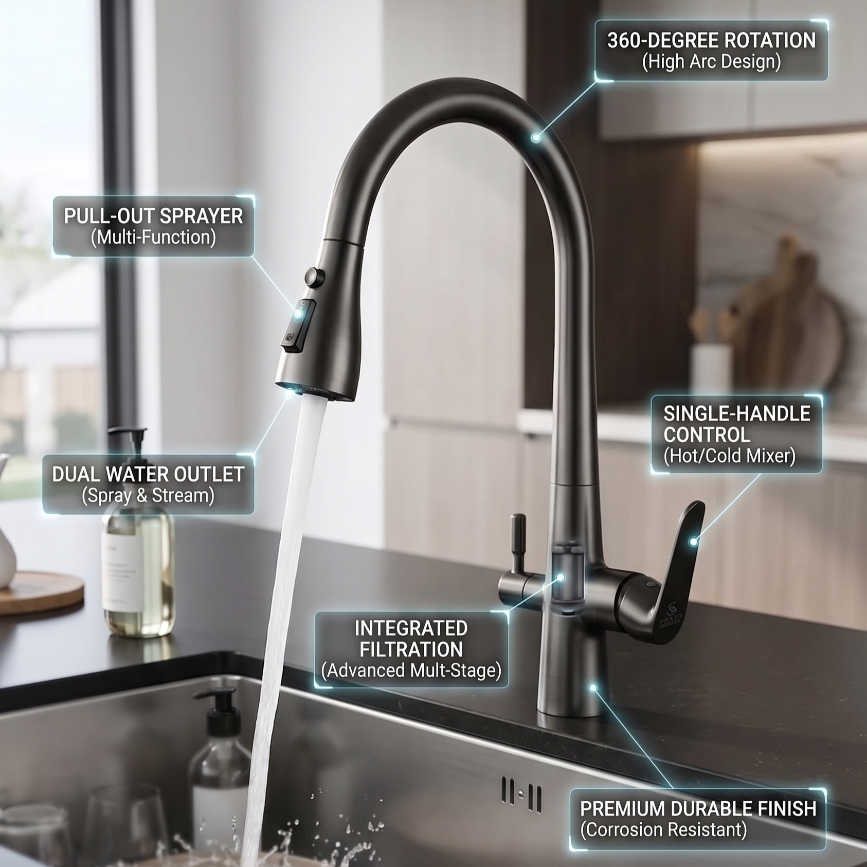 Kitchen Sink Mixer with Pull Out Sprayer 360 deg. Rotation
