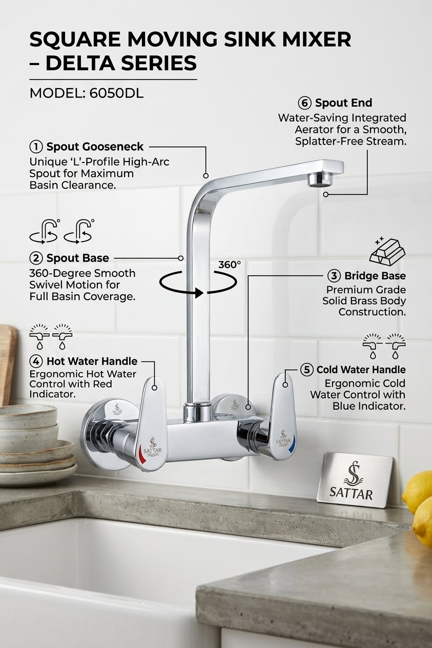Square Moving Sink Mixer (Delta Series) 6050DL