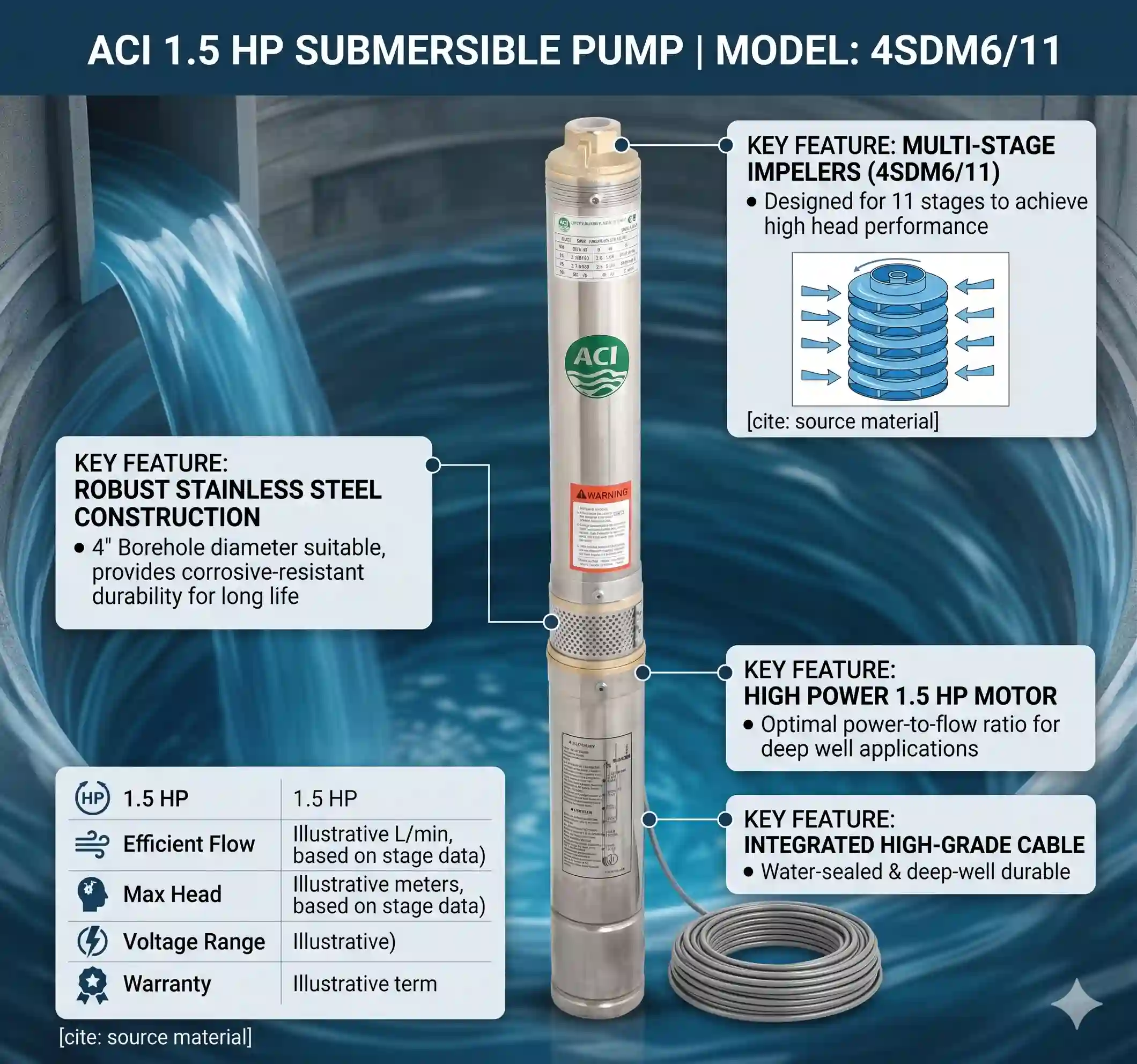 1.5 Hp Pump Submarsible 4SDM6/11 ACI
