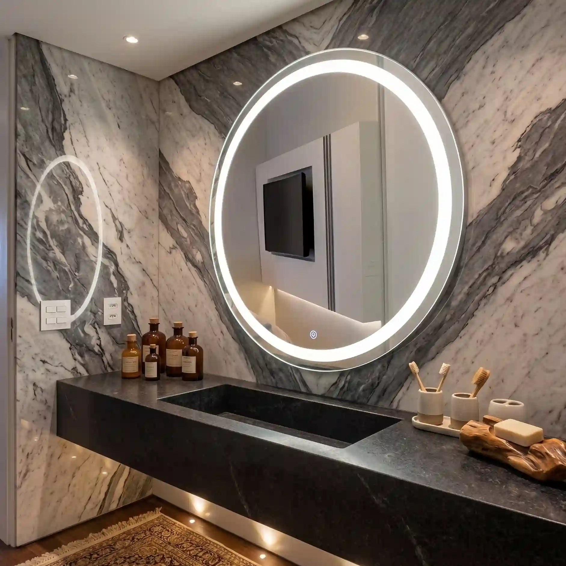 Round LED Mirror Silver frame 30*30 inch with touch sensor